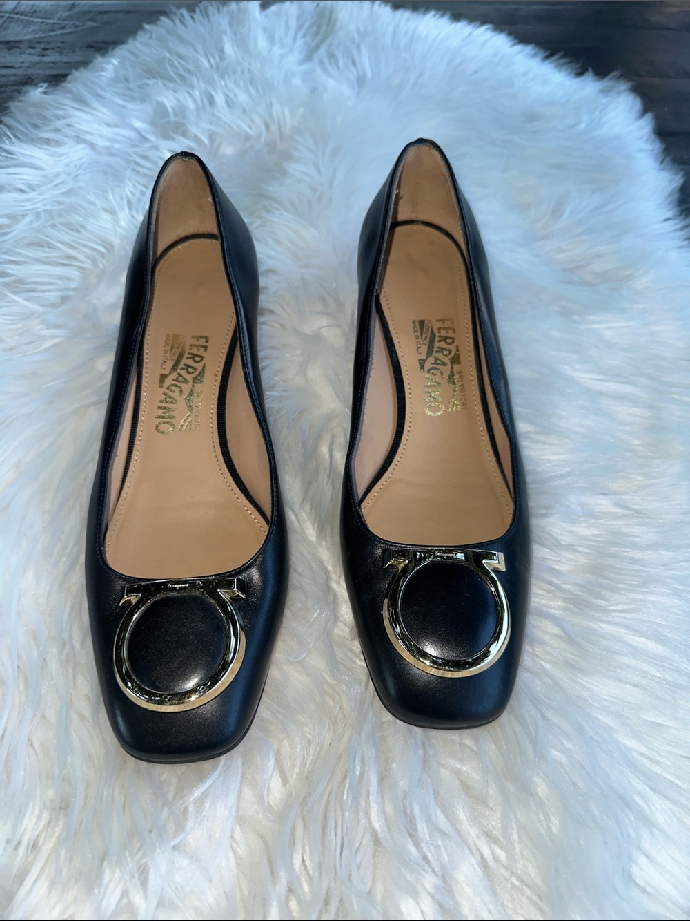 Salvatore Ferragamo Caviar Black Leather Pumps with Gold Circular Hardware